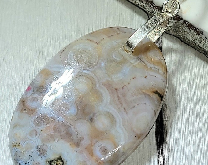 Natural Top Grade Ocean Jasper Oval Cabochon .925 Sterling Silver Pendant 2 1/4" x 1" EE22 Sterling Silver Heavy Duty Bail