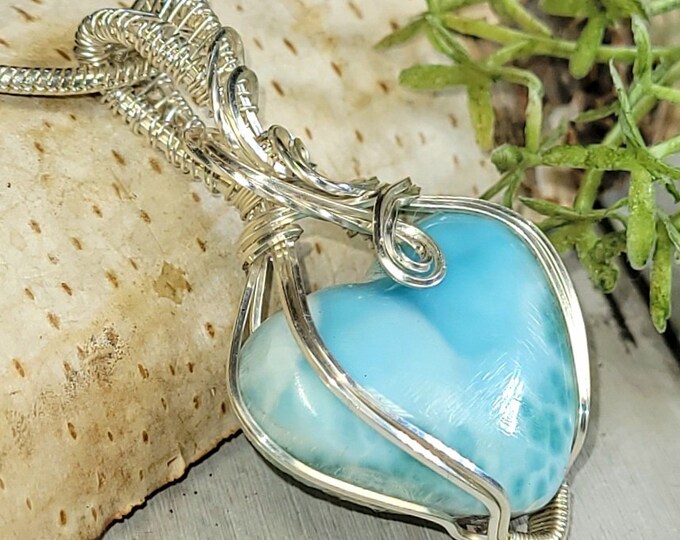 Larimar Pendant, Larimar Hand Wrapped Sterling Silver Pendant, Larimar Heart Sterling Silver Pendant, Statement Pendant, Gift for Her, HD14