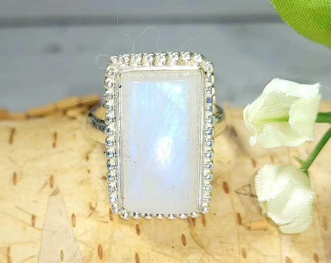 Natural Premium Grade Rectangle Moonstone Handmade .925 Sterling Silver Ring Size 6.5 Genuine High Quality Moonstone Gift for Her CZ