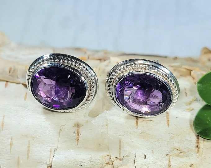 Natural High Grade Amethyst .925 Sterling Silver Stud Earrings 9/16" x 7/16" 5 Grams Eye-Clean EZ11 Approximately 6Ct