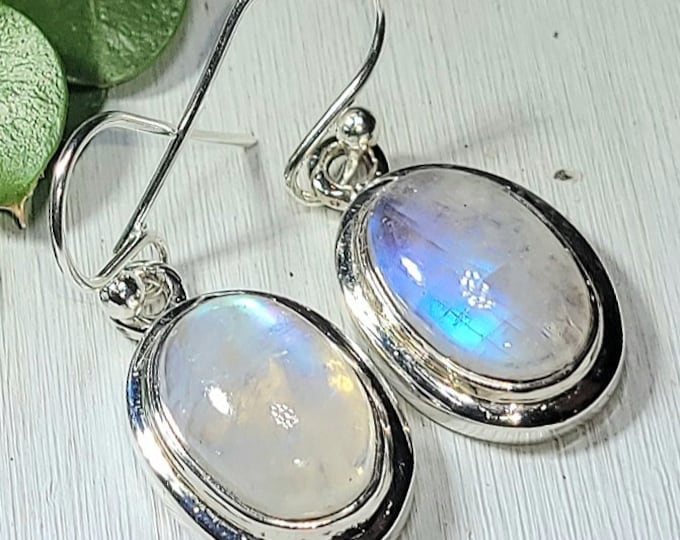 Natural Premium Grade Blue Flash Oval Moonstone .925 Sterling Silver Earrings 5 Grams 1 1/4" x 1/2" AP29