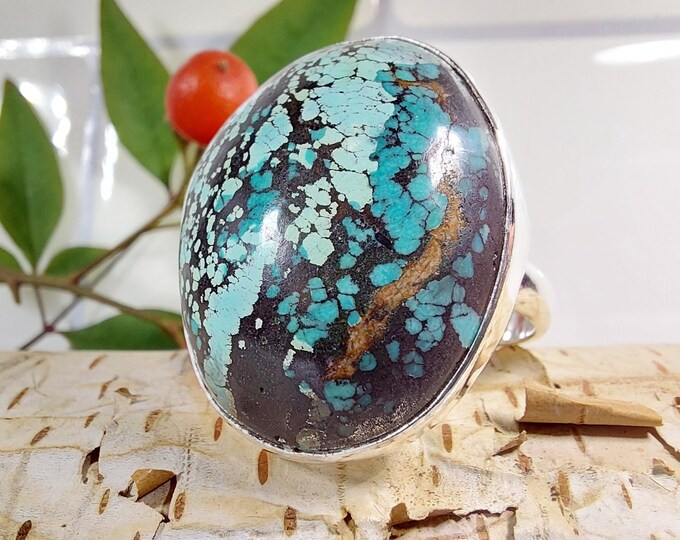 Tibetan Turquoise Sterling Silver Ring, Turquoise Boho Ring, Statement Ring; Handmade Ring, Quality Ring Size 8 3/4 GT