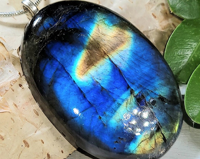 Natural Multi-Flash Labradorite Oval Cabochon .925 Sterling Silver Pendant  1 3/4" x 1 1/8" L26 Sterling Silver Glue Dot Bail