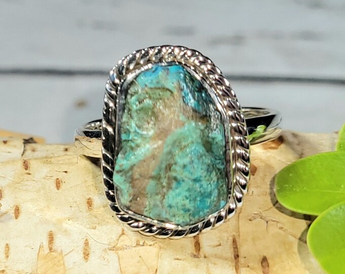 Natural Raw Rough Cut Chrysocolla Handmade .925 Sterling Silver Ring Size 8.5 4 Grams 11/16" x 1/2" CD29