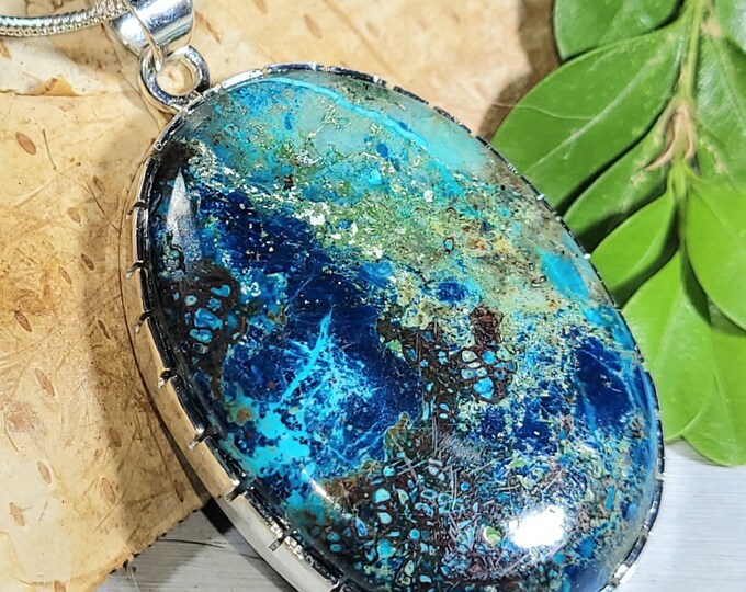 Natural High Grade Azurite Handmade Oval  .925 Sterling Silver Pendant Measures 2" x 1 1/8" Weighs 17 grams CF08
