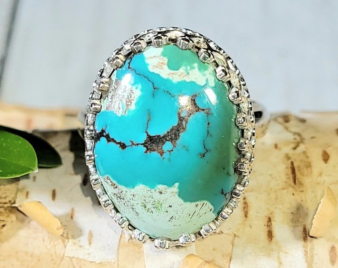 Turquoise Ring, Tibetian Turquoise Ring, Turquoise Sterling Silver Size 7.5, Gift for Her, Boho Ring, Statement Ring, Handmade Ring,