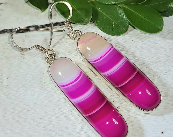 Natural Pink Banded Agate .925 Sterling Silver Earrings 16 Grams 2 31/4" x 3/8" E36 Beautiful Patterns