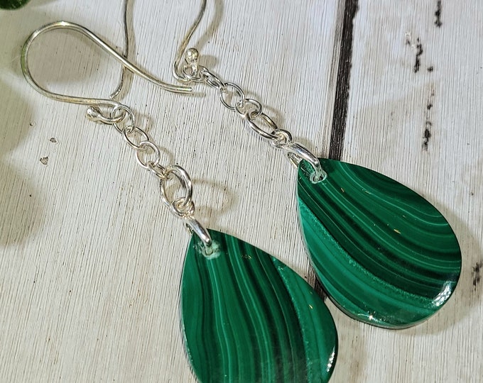 Natural Premium Malachite .925 Sterling Silver Dangle Earrings 2 7/16" x 11/16" EL36
