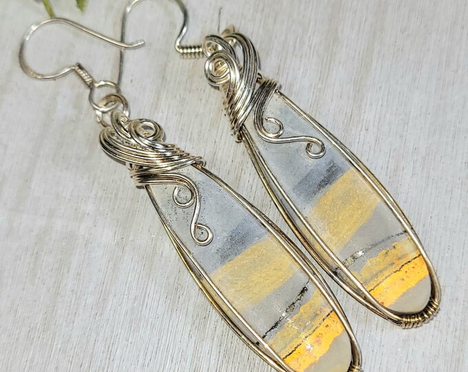 Bumblebee Jasper Earrings, Bumblebee Jasper Sterling Silver Wire Wrapped Earrings, Handmade Jasper Earrings, Gift for Her, HG18
