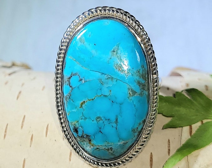 Natural AAA Arizona Kingman Turquoise .925 Sterling Silver Ring Size 7 9 Grams Face 1 1/4" x 3/4" AG04