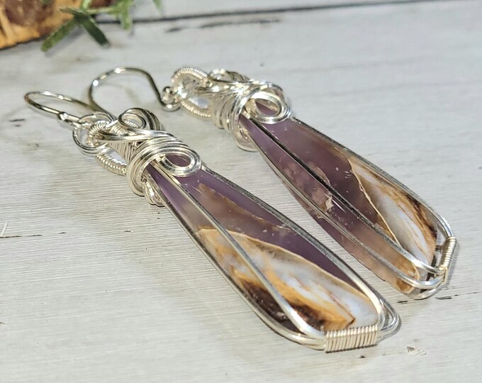 Purple Common Opalized Agate Earrings, Purple Common Opalized Agate Wire Wrapped Earrings, Agate Sterling Silver Wire Wrapped Earrings, HM34