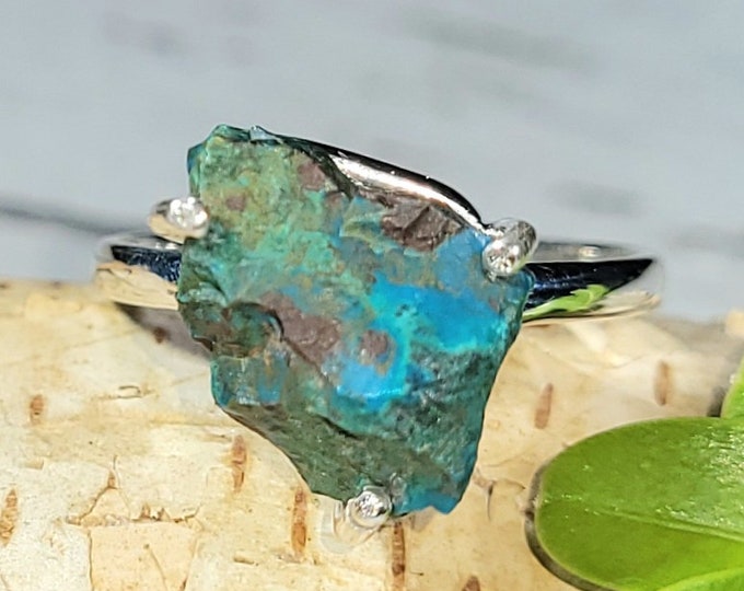 Natural Raw Rough Cut Chrysocolla Handmade .925 Sterling Silver Ring Size 8.5 4 Grams 1/2" x 1/216" CD24