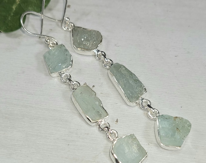 Natural Raw Rough Cut Aquamarine 3 Stone Handmade .925 Sterling Silver Dangle Earrings 10 Grams 3" x 1/2" CF44