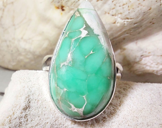 Natural Premium Variscite Sterling Silver Ring, Variscite Pear Ring Size 6.75, Statement Ring, Boho Ring, GN