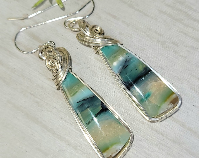 Blue Opal Earrings, Petrified Wood Earrings, Sterling Silver Blue Opalized Petrified Earrings, Sterling Silver Blue Opal Earrings GE30