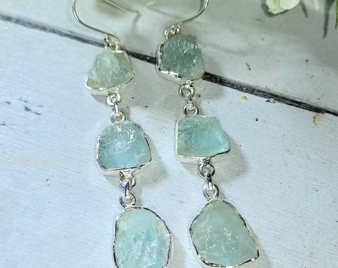 Natural Raw Rough Cut Aquamarine 3 Stone Handmade .925 Sterling Silver Dangle Earrings 11 Grams 2 7/8" x 1/2" DA40