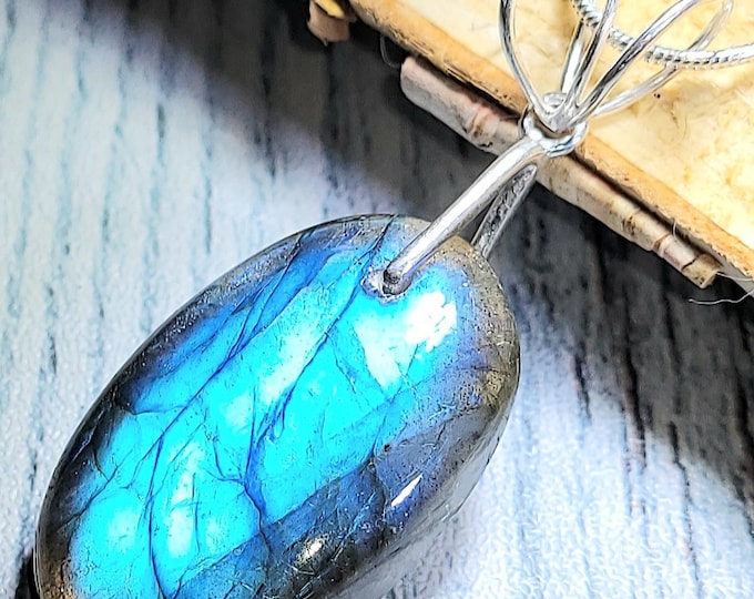 Natural High Grade Blue Flash Labradorite Oval Cabochon  .925 Sterling Silver Pendant 2 1/4" x 7/8" EG07 Heavy Duty Designer Bail