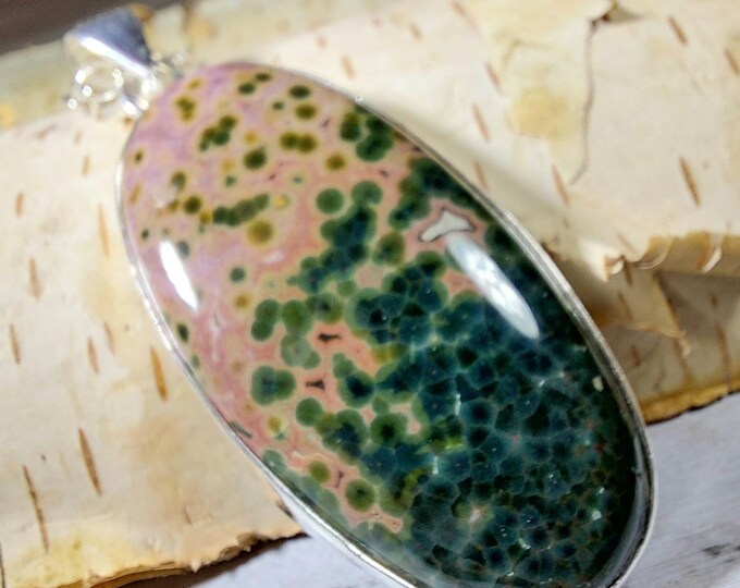 Natural Premium Grade Ocean Jasper Handmade Oval Pendant .925 Sterling Silver Setting Pendant GM02