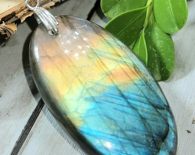 Natural High Grade Multi-Flash Labradorite .925 Sterling Silver Pendant  2 1/4" x 1" EP13 Custom Fit Sterling Silver Bail