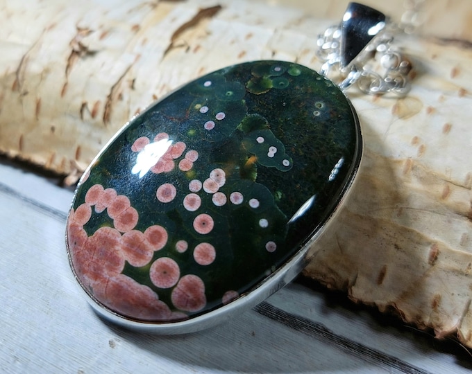 Natural Premium Grade Ocean Jasper Handmade Oval Pendant .925 Sterling Silver Setting Pendant GM06