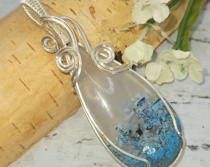 Natural Moss Agate Pendant,  Wire Wrapped .925 Silver Pendant, Sterling Silver Wire Wrapped pendants, Handmade Stone Jewelry DB21