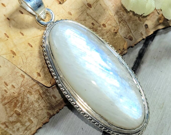 Natural Premium Grade Blue Flash Rainbow Moonstone Oval Handmade .925 Sterling Silver Pendant 2" x 3/4" 10 Grams CZ42