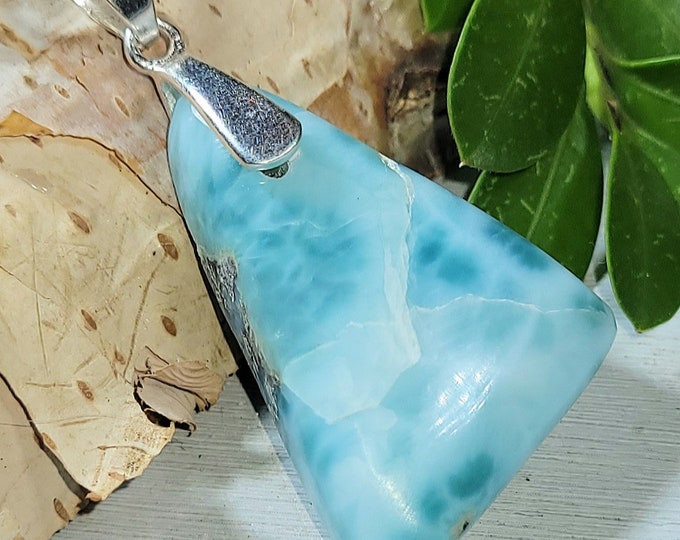Natural High Grade Larimar Freeform Cabochon  .925 Sterling Silver Pendant 2" x 7/8" 9 Grams EE24 Sterling Silver Heavy Duty Bail