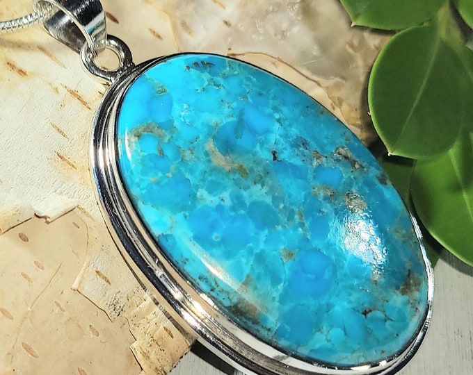 Natural High Grade Arizona Kingman Turquoise Handmade .925 Sterling Silver Pendant 2" x 1 1/8" 12 grams ER01