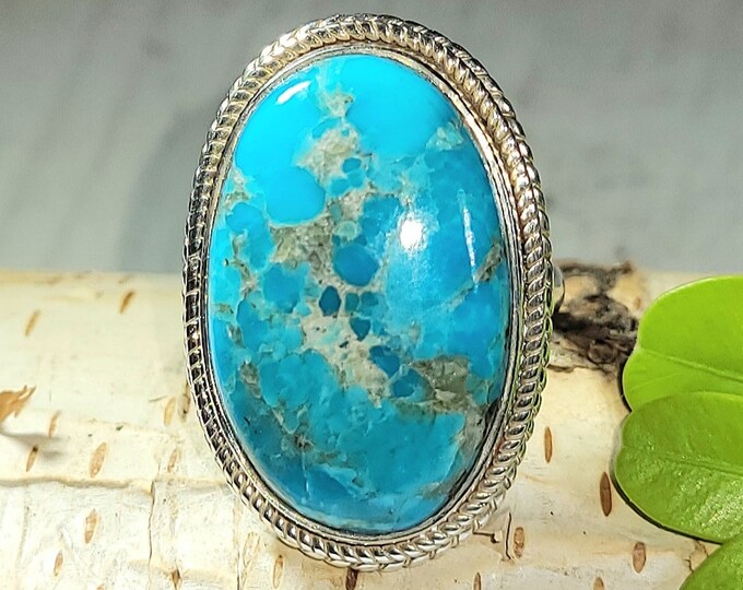 Natural High Grade Arizona Kingman Turquoise .925 Sterling Silver Ring Size 8 Weighs 10 Grams Face Measures 1 1/8" x 3/4" AH05