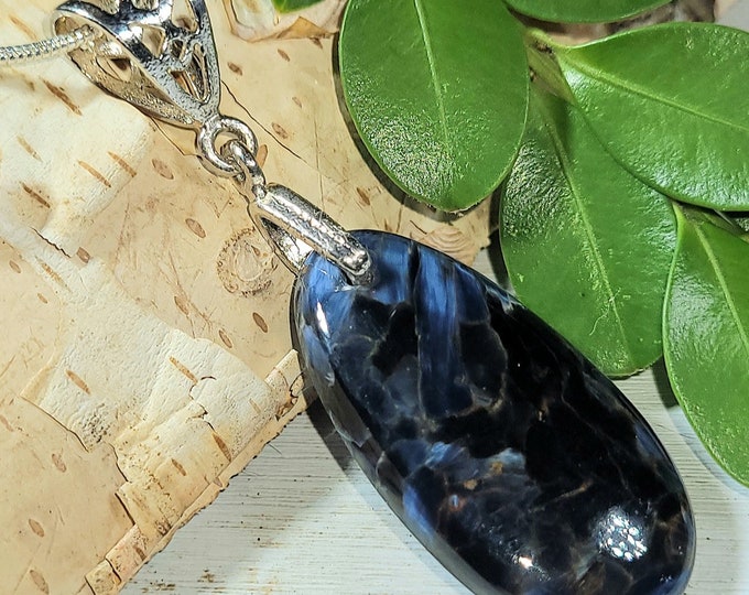 Natural High Grade Blue Pietersite Oval Cabochon  .925 Sterling Silver Pendant 2 1/8" x 5/8" EW33 Sterling Silver Designer Bail