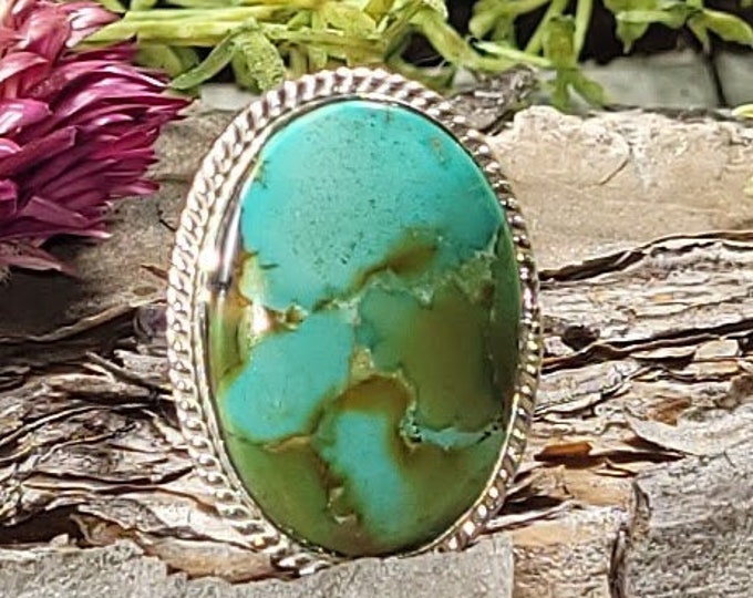 Tibetan Turquoise Sterling Silver Ring, Turquoise Boho Ring, Statement Ring; Handmade Ring, Premium Tibet Turquoise,Quality Ring Size 8