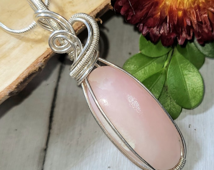 Natural Peru Pink Opal wire wrapped .925 Silver Pendant, Sterling Silver Wire Wrapped pendants, Handmade Stone Jewelry CV10