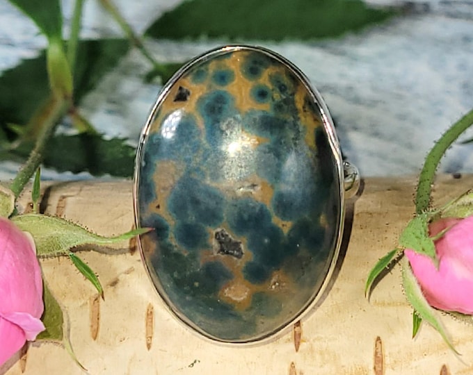 Natural Premium Grade Ocean Jasper Ring, Genuine Ocean Jasper Ring set in .925 Sterling Silver, Size 8.75