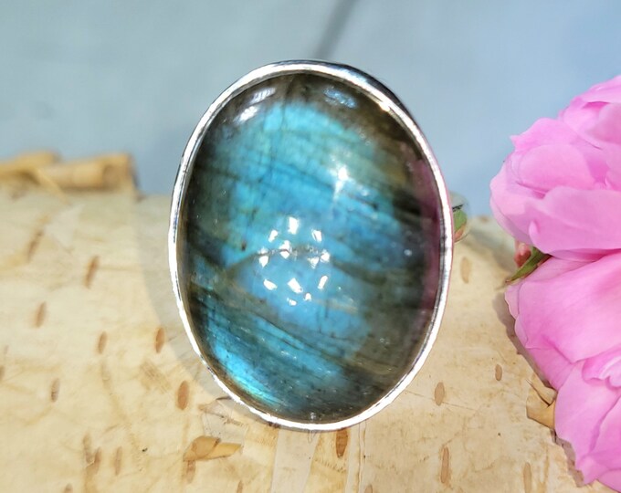 Natural Best Grade Blue Flash Oval Labradorite Handmade .925 Sterling Silver Ring Size 7.5 Full Blue Flash Great Gift for Her