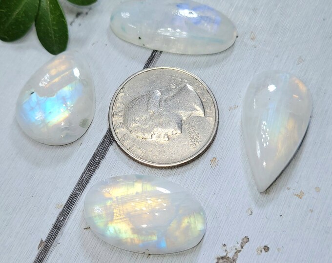 Natural Premium Multi Flash Moonstone Cabochons 80ct 4 Stone Lot Wire Wrapping, Weaving, Rings or Pendant Mixed Sizes & Shapes FF17