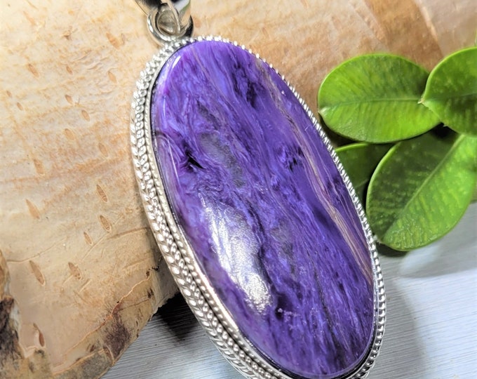 Natural High Grade Charoite Oval Handmade .925 Sterling Silver Pendant Measures 2" x 7/8" 13 Grams CO22 Premium Quality Gift for Her