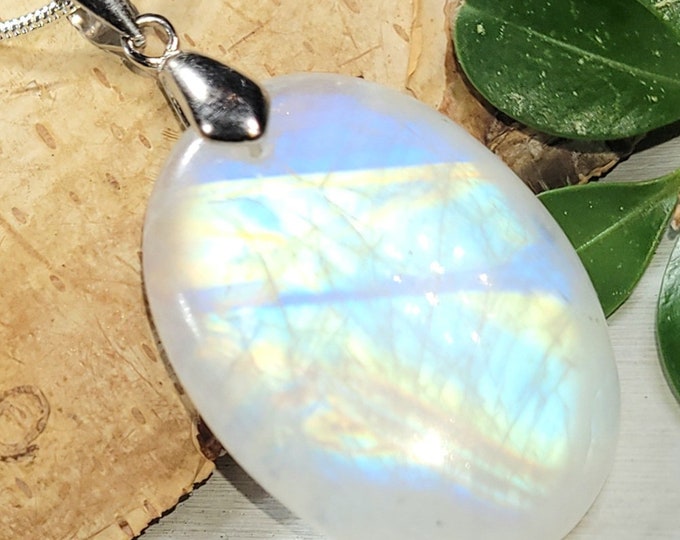 Natural AAAA Rainbow Moonstone Oval Cabochon 55Ct .925 Sterling Silver Pendant Heavy Duty Sterling Silver Bail 1 7/8" x 1" CD36