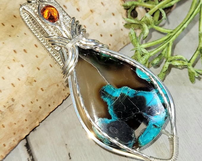 Opalized Wood & Garnet Sterling Silver Pendant, Handmade Opalized Wood Pendant, Natural Opalized Wood Silver Pendant, Gift for Her, HH14
