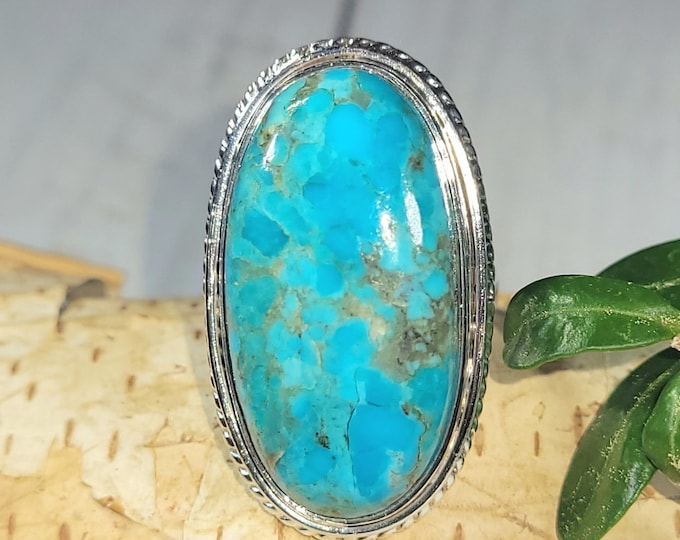 Natural Premium Grade Arizona Kingman Turquoise .925 Sterling Silver Ring Size 7.5 Weighs 10 Grams Face Measures 1 1/4" x 3/4" CF25