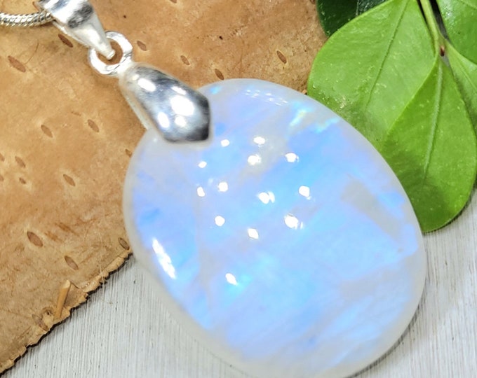 Moonstone Pendant, Rainbow Moonstone Oval Cabochon Sterling Silver Pendant, Full Blue Flash, Gift for Her, Handmade Pendant, FS59