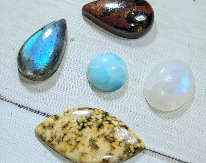 Natural Labradorite, Ocean Jasper, Moonstone, Zarinite & Larimar 60ct Cabochons Mixed Lot 5 Stone Wire Wrap, Weaving ML05