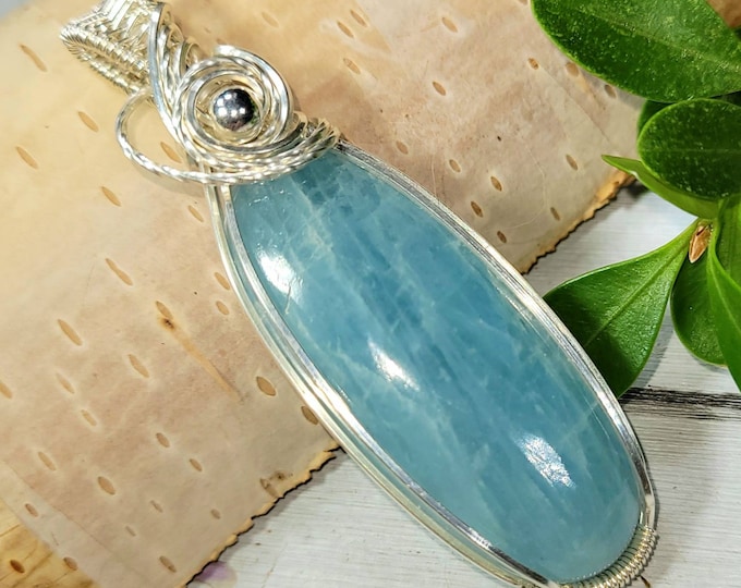 Aquamarine Pendant, Aquamarine wire wrapped pendant, Aquamarine Wire Wrapped Pendant, Sterling Silver wire wrap DG17