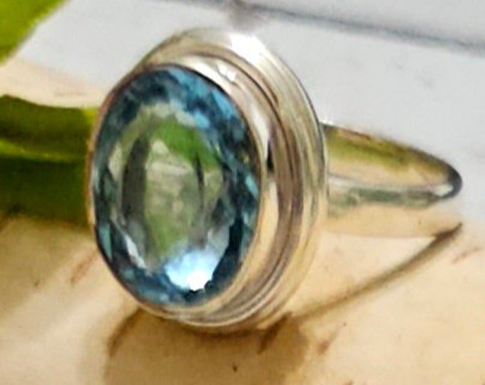Eye Clean Faceted Blue Topaz Ring Handmade, Sterling Silver Ring Size 7.75, FW