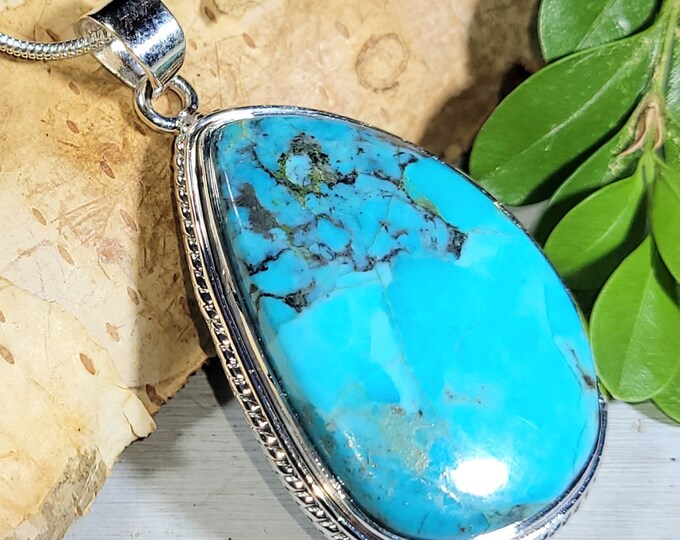Natural Premium Grade Arizona Kingman Turquoise Handmade .925 Sterling Silver Pendant 2" x 7/8" 12 grams CF02