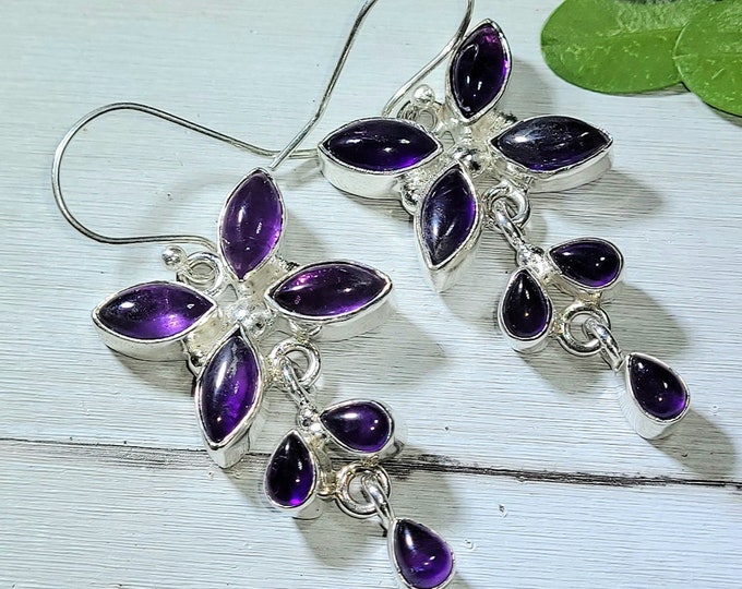 Natural Marquise Shape Amethyst  .925 Sterling Silver Well Crafted Earrings 13 Grams 2 1/8" x 3/4" L09
