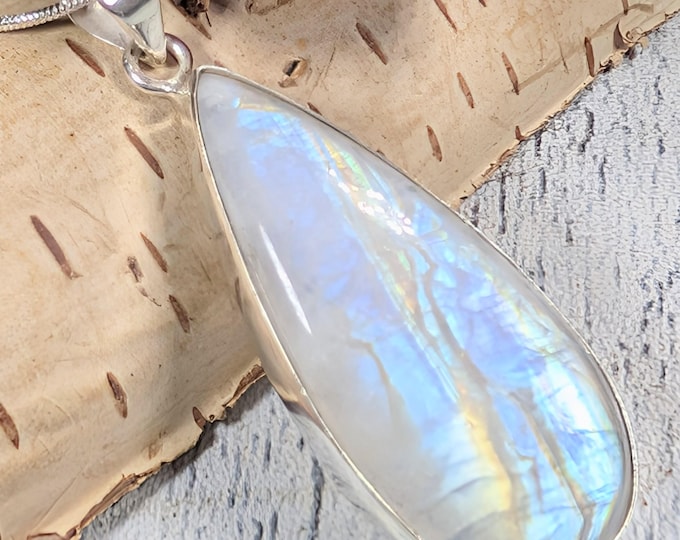 Rainbow Moonstone Sterling Silver Pendant: Handmade Pear Multi-Flash Moonstone Pendant, KA09