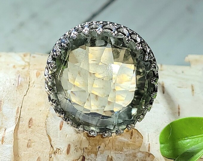Natural Rose Cut Green Amethyst  .925 Sterling Silver Ring Size 7 7 Grams 13/16" Round AJ07 VS Clarity! "Designer Crown Prong Setting"