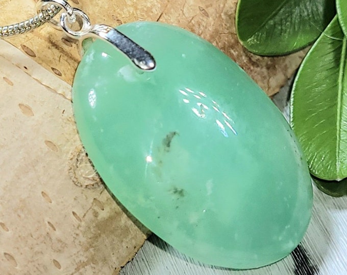 Natural High Grade Australian Chrysoprase Oval Cabochon .925 Sterling Silver Pendant 1 1/2" x 3/4" CK03 Sterling Silver Bail Gift for Her