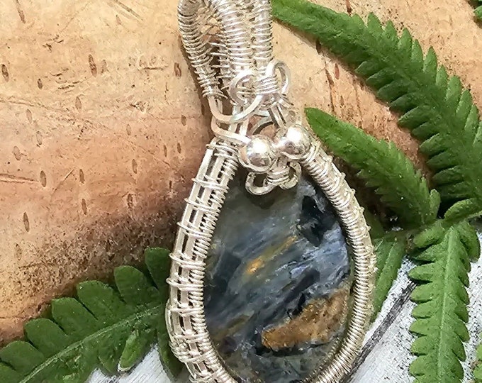 Pietersite Pendant, Blue Pietersite Sterling Silver Pendant, Pietersite Hand Sterling Silver Wire Wrapped Pendant, Gift For Her, FS06