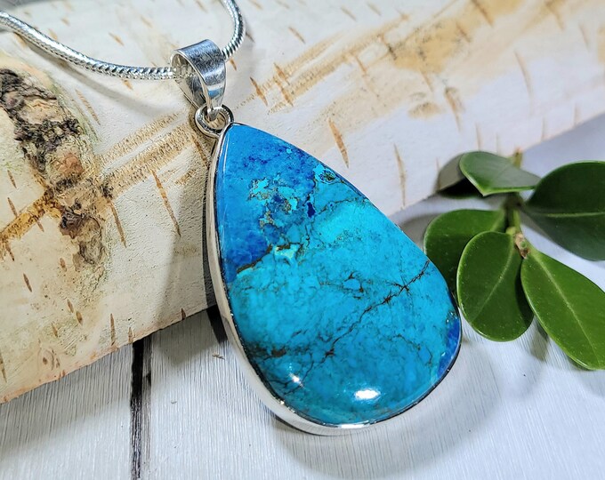 Natural AAA Chrysocolla Azurite Handmade .925 Sterling Silver Pendant 2" x 1 1/8" 10 grams EF06